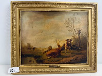 an oil painting of cows in a field by a stream by a tree