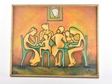 tableau représentant un groupe de personnes assises à une table, avec une horloge en arrière-plan