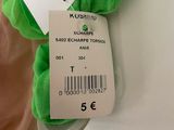 a green scarf with a tag on it on a white surface