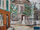 a painting of a street scene with a clock on the building