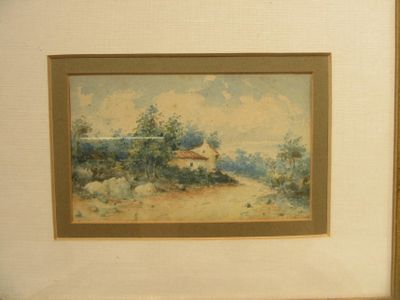a picture of a painting of a house on a hill