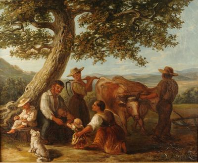 tableau représentant une réunion de famille sous un arbre, avec une vache au premier plan