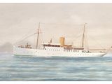 painting of a large white ship floating on top of a body of water