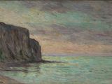 painting of a cliff by the ocean with a boat in the water