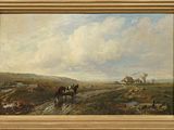 an oil painting of a horse drawn carriage on a dirt road near a farm