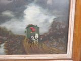 a painting of a horse drawn carriage on a dirt road