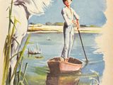 a picture of a man in a boat with a horse