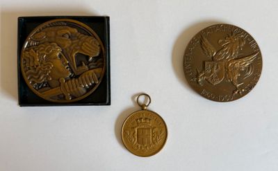 deux médailles d'or et une médaille d'argent posées sur une surface blanche