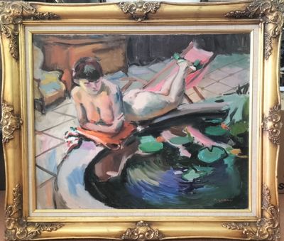 un tableau représentant une femme assise sur une chaise près d'un étang
