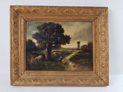 an oil painting of a landscape with sheep and trees in a gold frame
