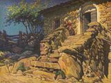 tableau représentant un bâtiment en pierre avec une porte et des marches menant à celle-ci