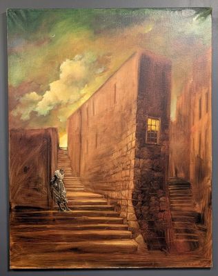 une peinture à l'huile représentant un homme descendant un escalier