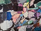 abstract painting of multicolored shapes on a black background