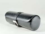 an image of a black leather case with a silver clasp