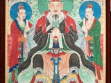 a painting of a man sitting on a throne in a room