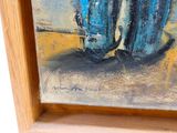 a painting of a blue suitcase sitting on the ground