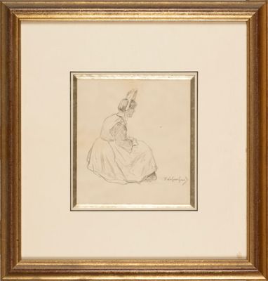 a drawing of a woman in a dress sitting on the ground
