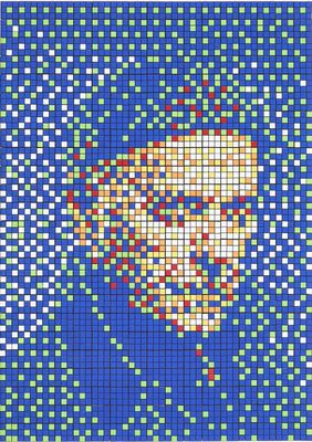 une broderie au point de croix représentant le visage d'une femme sur fond bleu