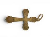 an old bronze cross is shown on a white surface