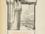an old book with a drawing of a woman standing in front of a sign