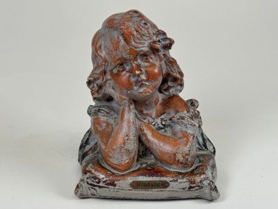 École, vers 1900. Méditation. Petit sujet en plâtre patiné. - Photo 1