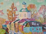 an oil painting of a church and a horse on a snowy day
