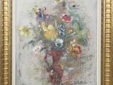 an oil painting of a vase of flowers in a gold frame