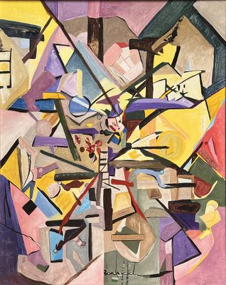 abstract painting of a vase of flowers in a vase on a table