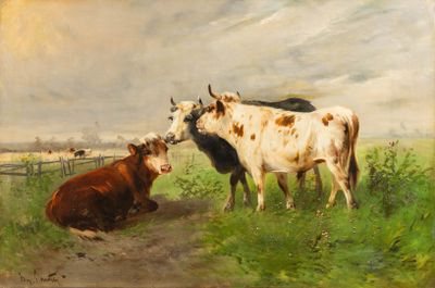 tableau représentant deux vaches et un veau dans un pâturage, avec une clôture en arrière-plan