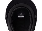 the view of a black motorcycle helmet on a white background