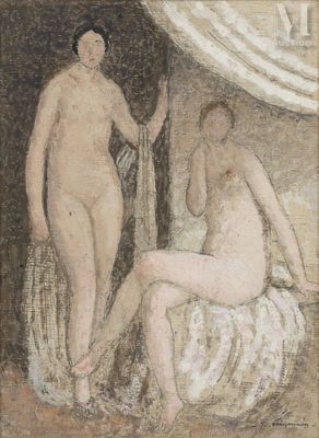 une image représentant un tableau où l'on voit deux nus assis sur un lit