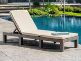 the outdoor chaise lounger is made of wicker and has a beige cushion