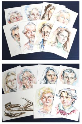 portraits of people drawn in colored pencils on a blue surface