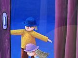 a picture of a painting of a boy and a girl on a train
