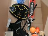 a box filled with assorted items including skis, oranges, and ski poles