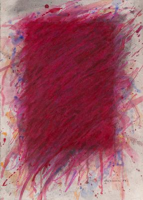 painting of a red square with splats of paint on a piece of paper