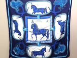 une photo d'une écharpe bleue et blanche représentant un cheval, accrochée au mur