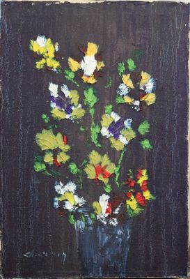 une peinture de fleurs dans un vase sur une table