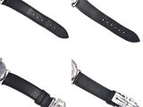 three different views of a wrist watch with a black leather strap