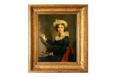 portrait of a lady with a brush and palette by a painting easel