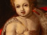 an image of a painting of a child holding a goat