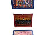 three framed paintings of horses and a man on a horse drawn carriage