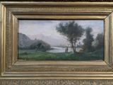 painting of a landscape with a man and a woman by a river