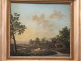une peinture à l'huile représentant une scène de vie à la ferme avec des vaches dans un pâturage