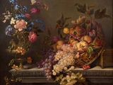 a painting of a basket of fruit and flowers on a table