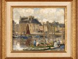 an oil painting of boats in a harbor with buildings in the background