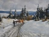 un tableau représentant deux chevaux tirant un traîneau dans la neige