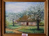 une peinture à l'huile représentant une maison dans un champ, avec des arbres et de l'herbe