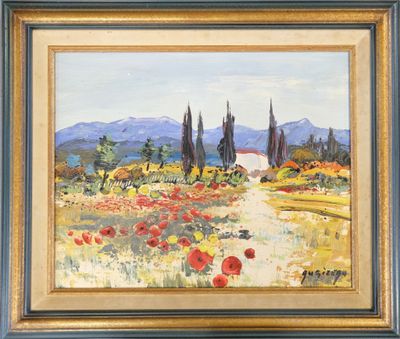 un tableau représentant un champ avec des coquelicots et des arbres en arrière-plan