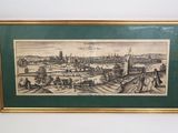 an old drawing of a view of a city with a clock tower
